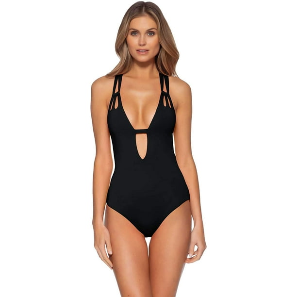 Becca by Rebecca Virtue One Piece Swimsuit V-Neck Plunge Ruffle Neck Bathing Suit Black Medium Becca by Rebecca Virtue One Piece Swimsuit V-Neck Plunge Ruffle Neck Bathing Suit Black Medium